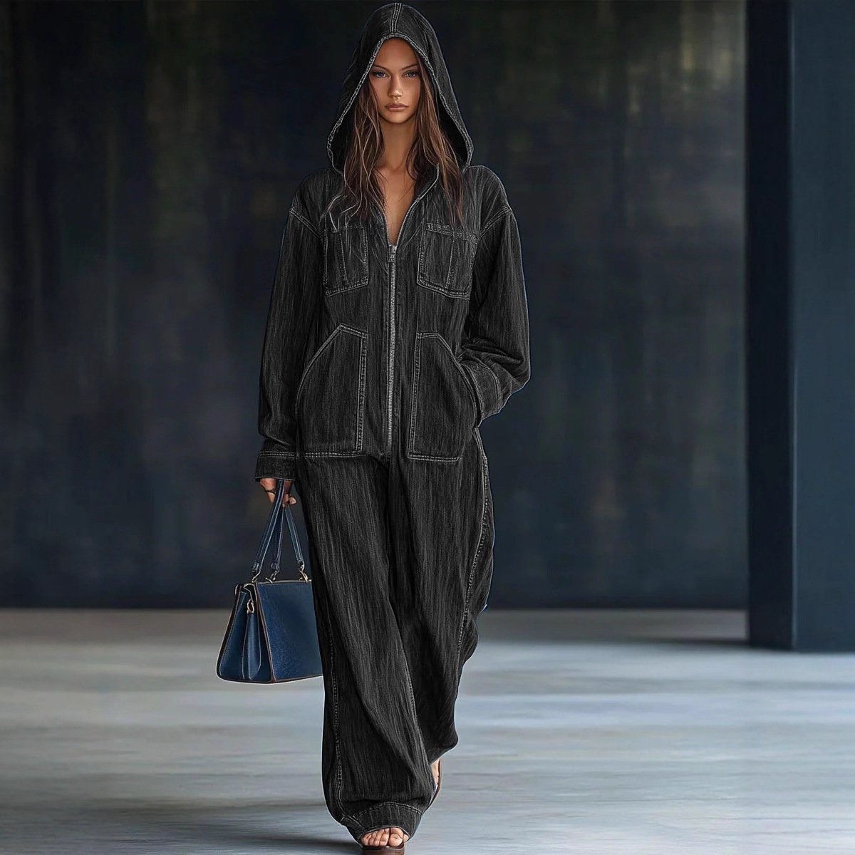 Women's Oversized Hooded Denim Zip-Up Front Overalls - Image 5
