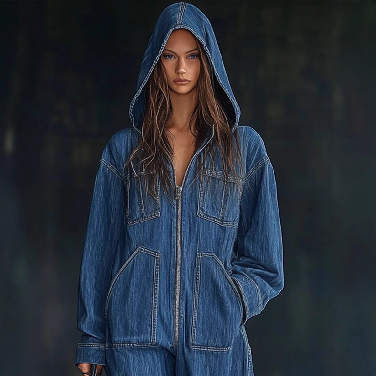 Women's Oversized Hooded Denim Zip-Up Front Overalls - Image 3