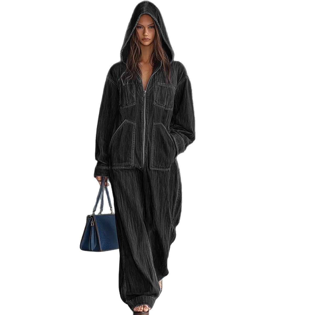 Women's Oversized Hooded Denim Zip-Up Front Overalls - Image 4