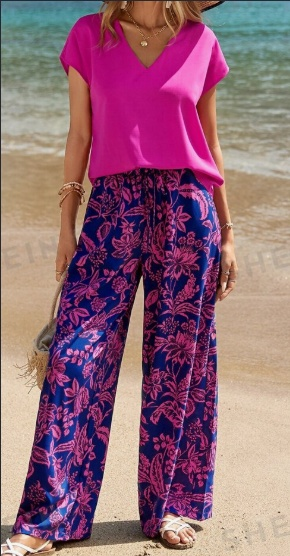 Tropical Print Two-Piece Pants Set - Image 2
