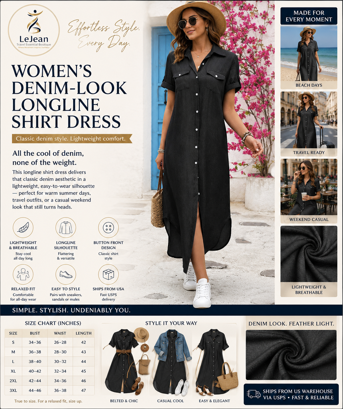 Women's Aesthetic Denim-Look Longline Button Shirt Dress