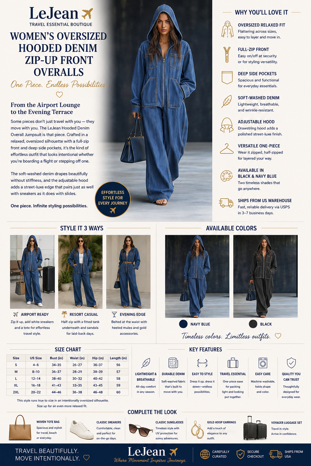 Women's Oversized Hooded Denim Zip-Up Front Overalls