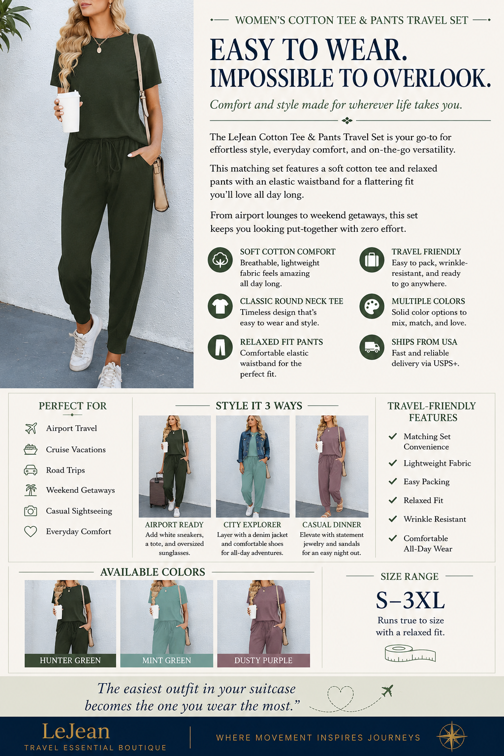 Women's Cotton Tee & Pants Travel Set
