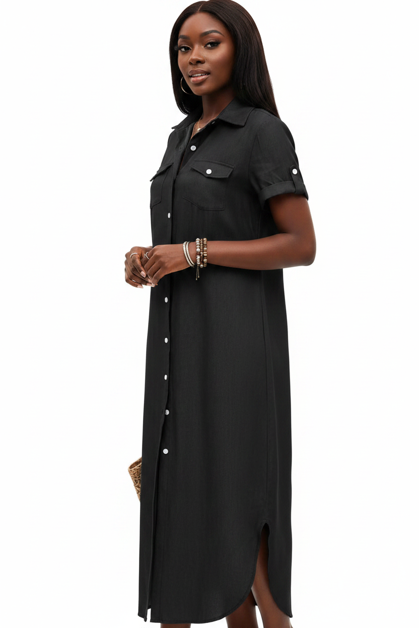 Women's Aesthetic Denim-Look Longline Button Shirt Dress - Image 4