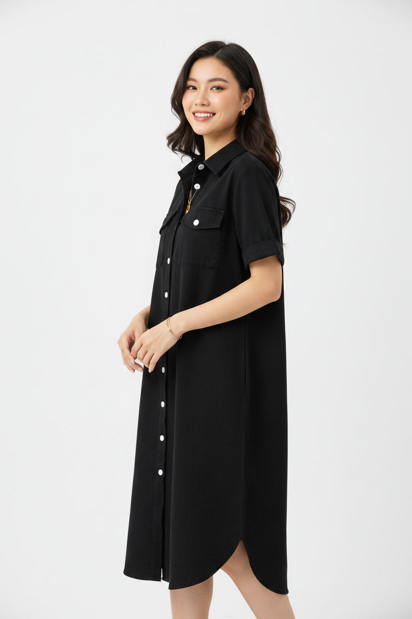 Women's Aesthetic Denim-Look Longline Button Shirt Dress - Image 5