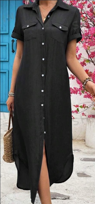 Women's Aesthetic Denim-Look Longline Button Shirt Dress - Image 2