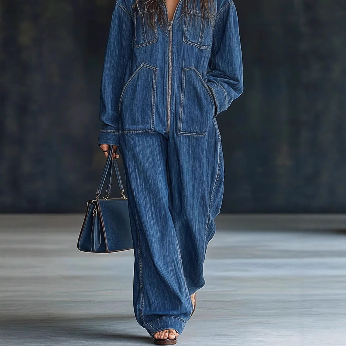 Women's Oversized Hooded Denim Zip-Up Front Overalls - Image 2