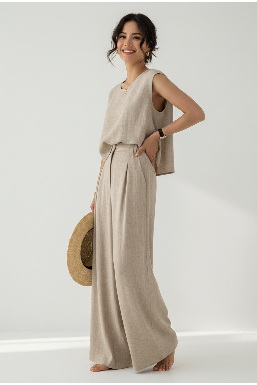 Cotton And Linen Casual Sleeveless Top Wide Leg Pants Two-piece Set - Image 2