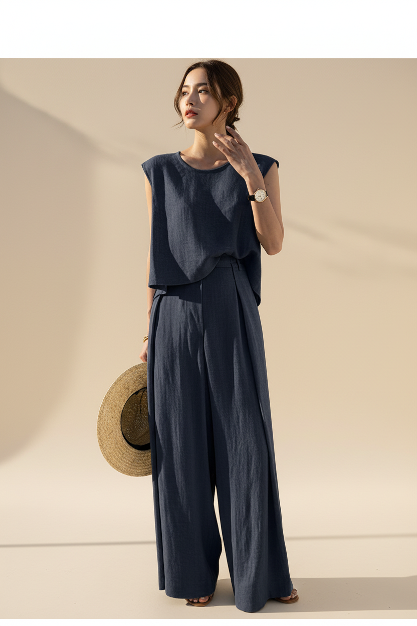 Cotton And Linen Casual Sleeveless Top Wide Leg Pants Two-piece Set - Image 3